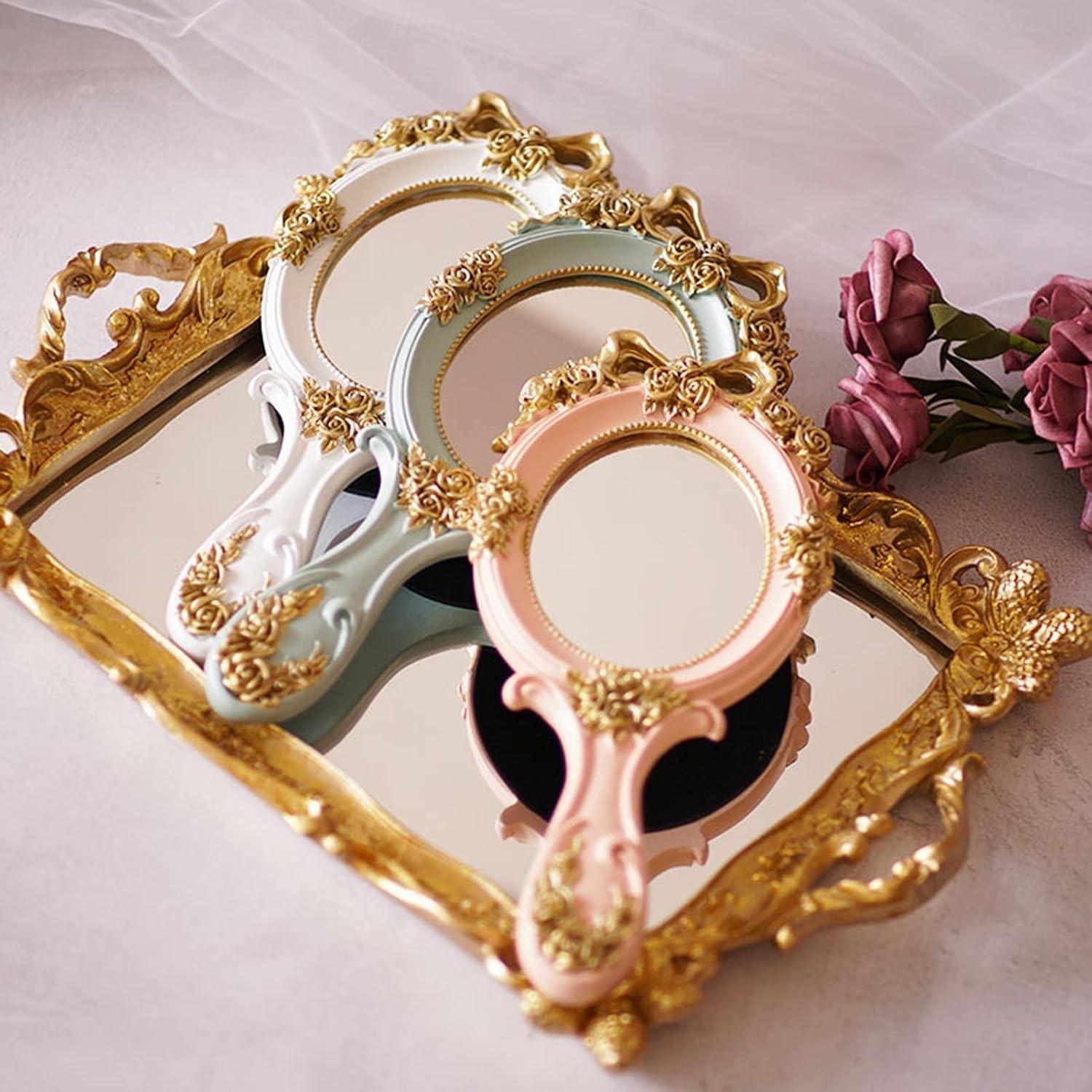 Portable Handheld Makeup Mirror, Travel Princess Style Metal Beauty Mirror, Oval Rose Embossed, Desktop Decor, Vintage Handle, Photo Props, 3-Piece Set