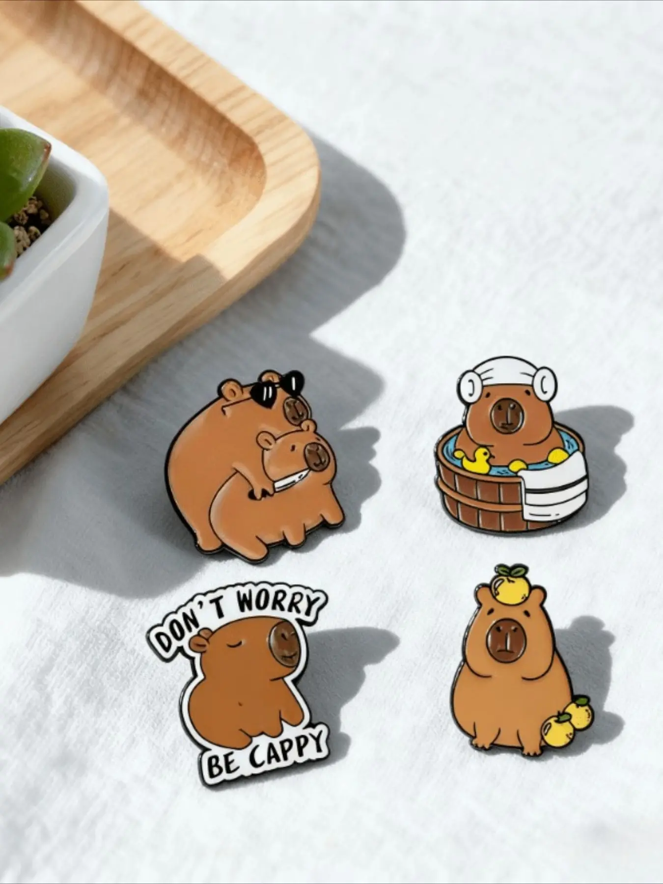 4pcs Kawaii Cute Capybara Enamel Pins Set, "Don’t Worry Be Cappy" Cartoon Animal Lapel Brooch Badges for Backpack Jacket Hat, Gift for Water Capybara Lovers