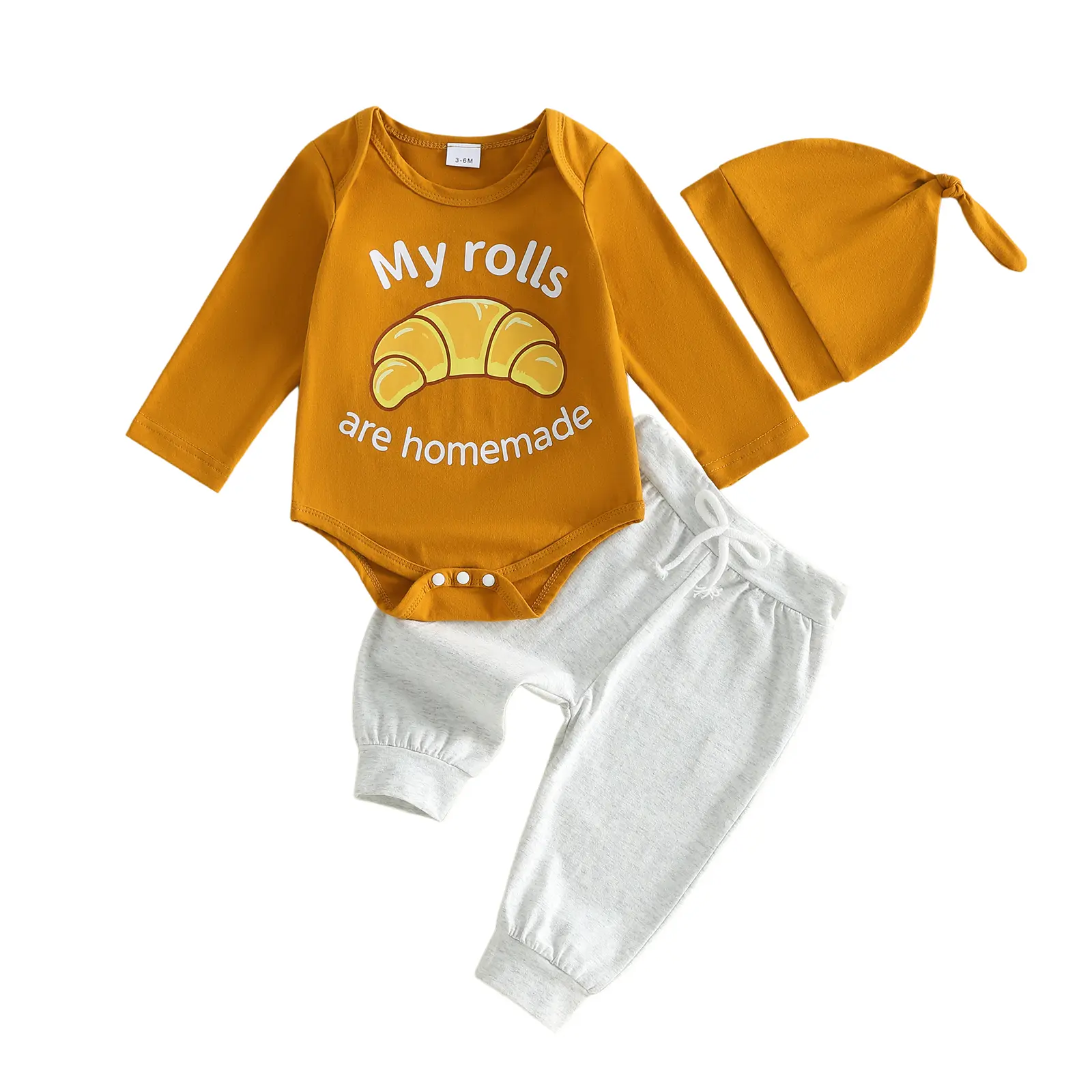 REDWOON Infant Baby Boy My Rolls Are Homemade Outfit Set Long Sleeve Romper Onesie Elastic Waist Jogger Pants Knotted Beanie Hat Thanksgiving Fall Clothes