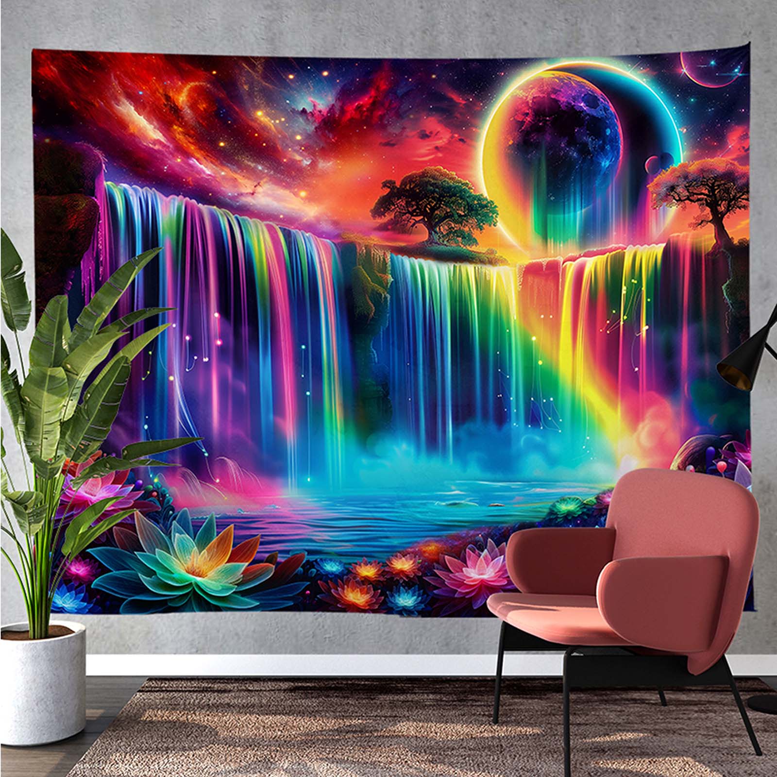 1pc Galaxy Waterfall And Forest Night Scene Tapestry, Wall Hanging - Glowing Under UV Light, Tapestry For Bedroom Living Room Dormitory Office,Multi-purpose Home/Room/Wall/Party Decor, Holiday Gift Backdrop Halo