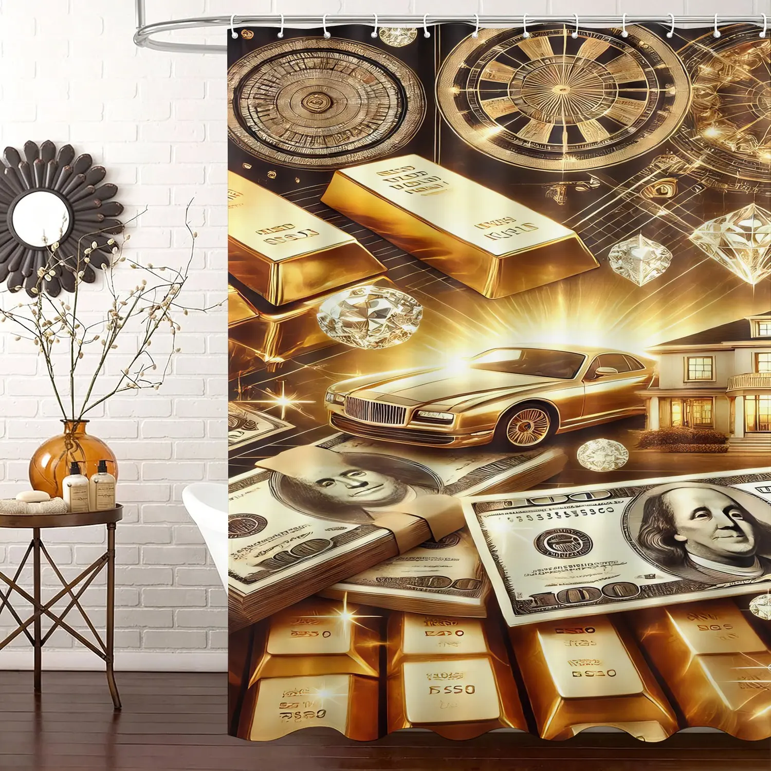 Wealth Dream Theme Shower Curtain, Waterproof Fabric, Free Install Hooks Included, Money Aesthetic Bathroom Decor, Machine Washable Shower Curtain