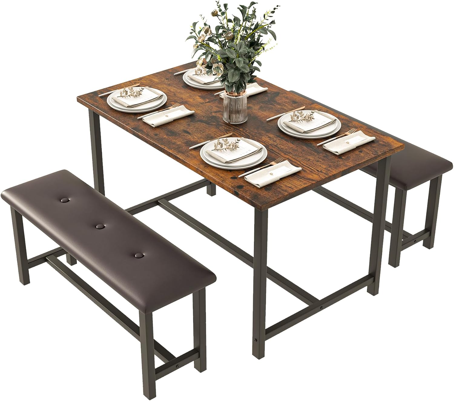 3-Piece Dining Table Set for 4 People, 44" Space Saving Kitchen Table with 2 Benches, Industrial Rectangular Dining Room Table Chairs Set