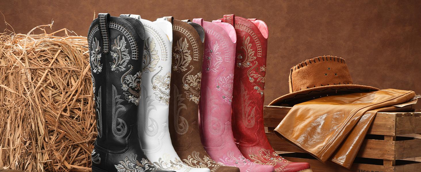 【Rodeo Boots】Wranglette Women's Embroidered Western Cowboy Boots Floral & Rhinestone Embellished Knee-High Cowgirl Boots, Pointed Toe & Block Heel Trendy Country, Festival, Party & Casual Footwear for Fashionistas into Vintage Western Style