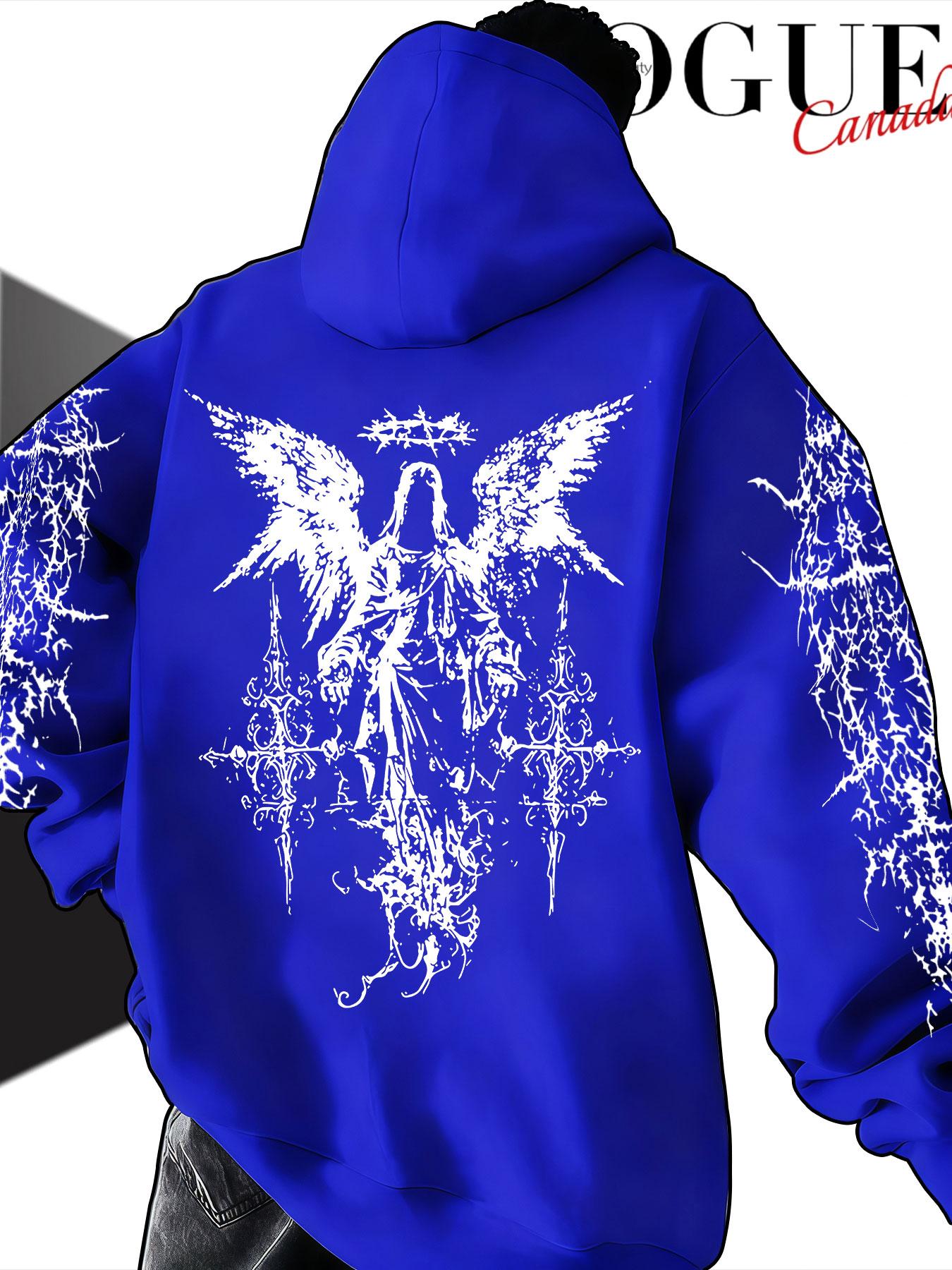 Men's Hooded Sweatshirt Fall Winter, Thorns Angel Cross Print, Gothic Style Loose Fit, Casual Random Pattern, Non-Outer Vest