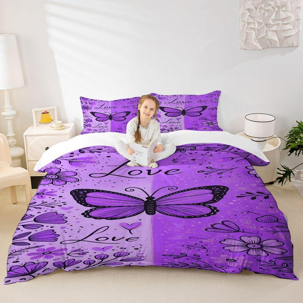 2/3Pcs Whimsical Purple Butterfly Duvet Cover Set, Romantic Floral Design Bedding Set, Soft Microfiber Material, Perfect for Dreamy Bedroom Decor, Love-Themed, Intricate Hand-Drawn Details, Includes 1 or 2 Pillowcase - No filling/Zipper Closure