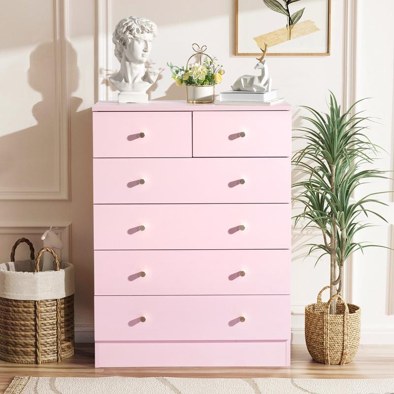Karlhome Drawer storage cabinet Macaron powder particleboard with triamcinol coating, 66*33*89cm, five-layer six-drawer chest of drawers, matte gold handles