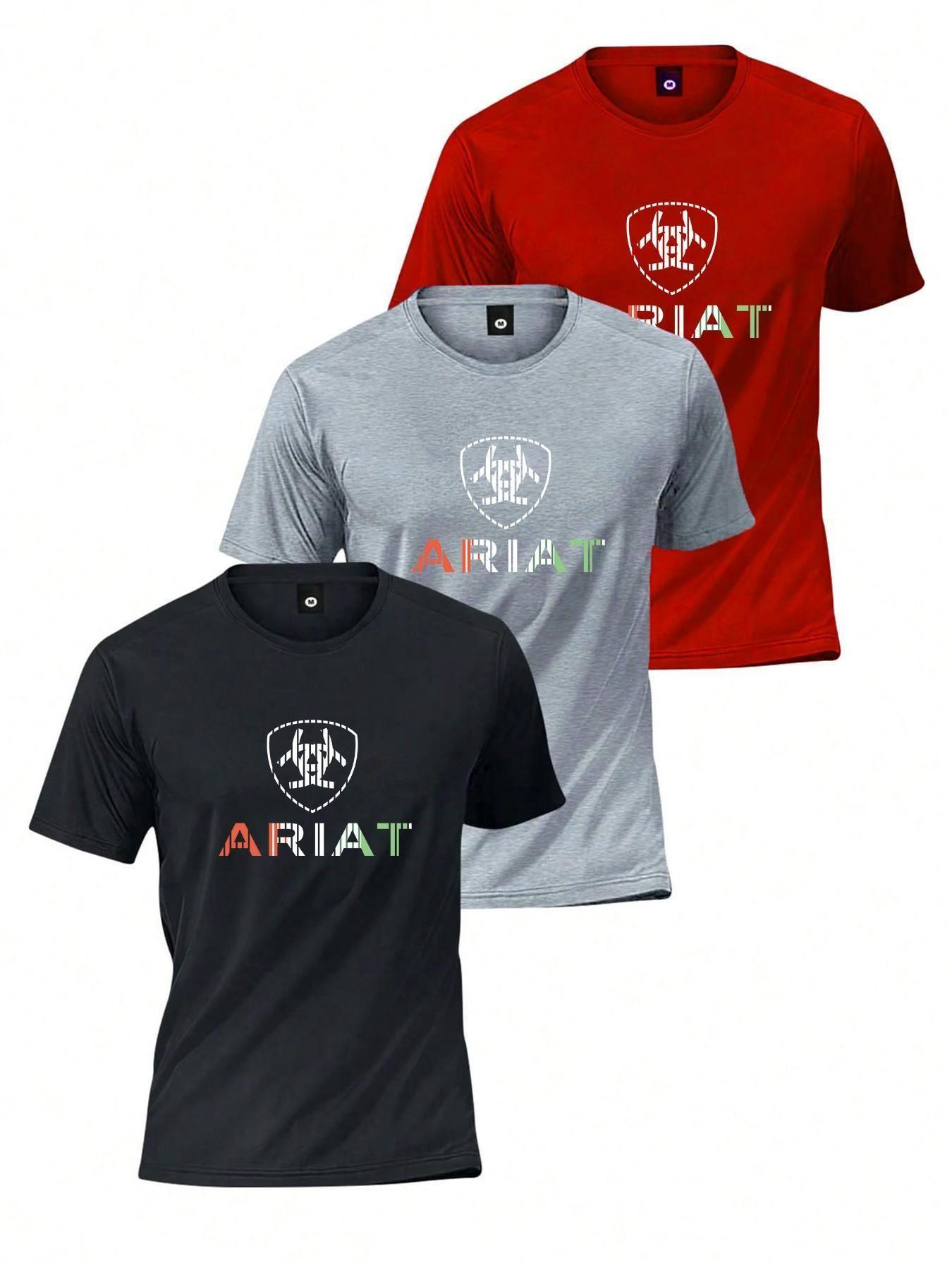 2026 Summer New Ariat Letter Print Men's Tops Quick-Dry T-Shirt, Ice Silk Breathable Loose Fit, American Casual Versatile Half Sleeve, Multiple Colors Available