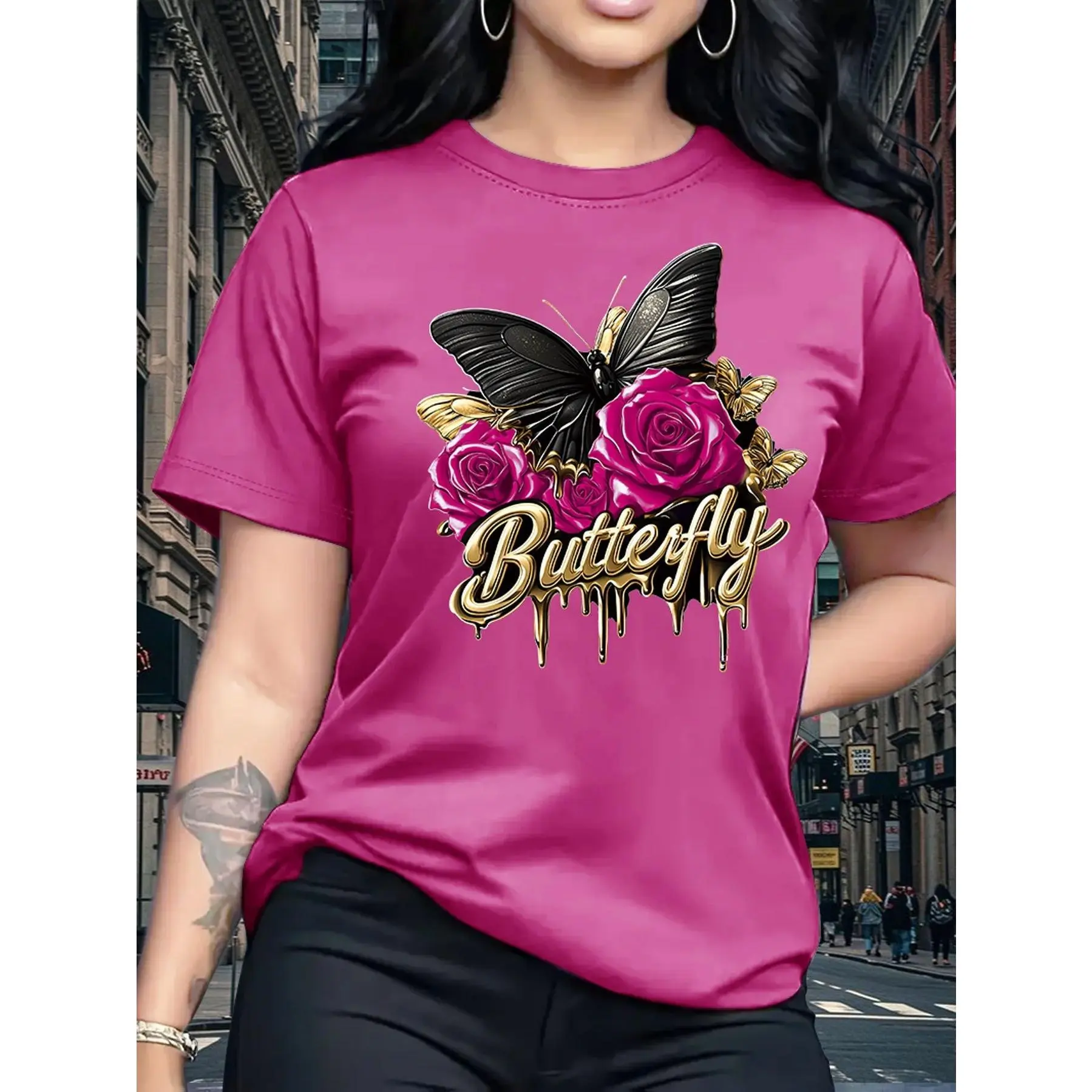 Women's Purple & Golden Gold Lettering Short Sleeve T-Shirt - Elegant Round Neck Casual Blouse, Spring Summer Machine Washable Top for Birthday Gift, Sister Outfits, Wear - Purple Top with Golden