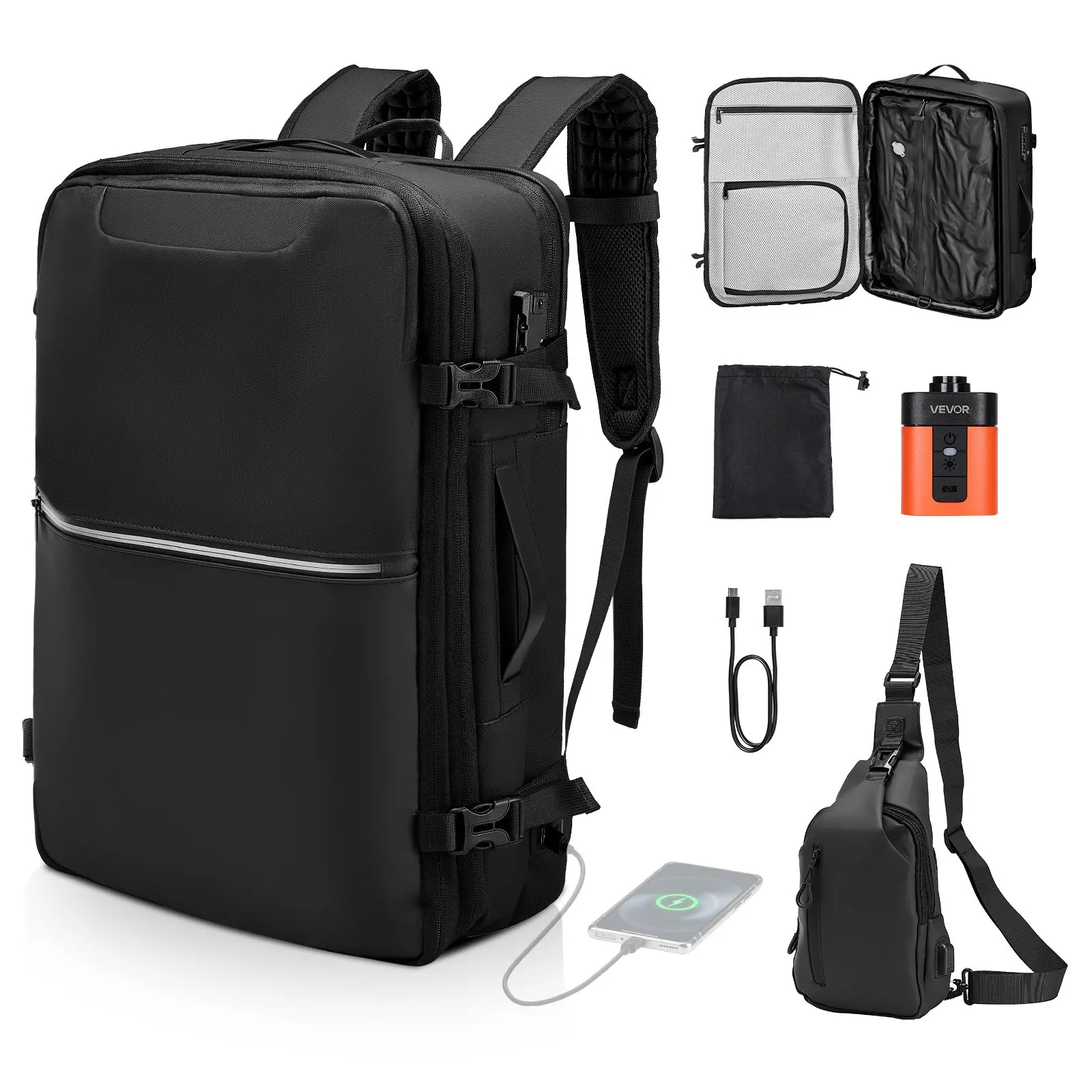VEVOR 80L Expandable Vacuum Sealed Compression Travel Backpack with Pump, TSA Lock, Zipper Closure, Water-Resistant Airback Vacpack, Carry-On Luggage for Business, Black, Expandable Form