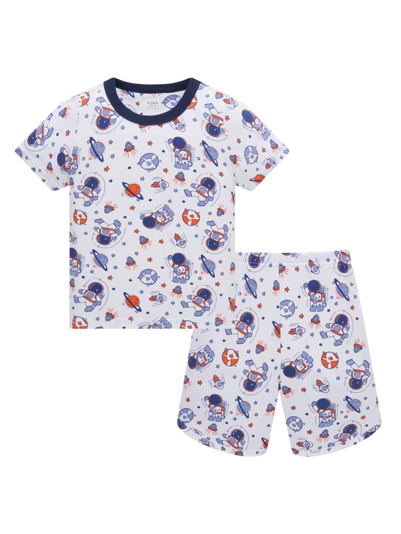 Boys' Cute Astronaut Space Print Pajama Set, Summer Breathable Soft Sleepwear, Short Sleeve Fitted Casual Pajamas