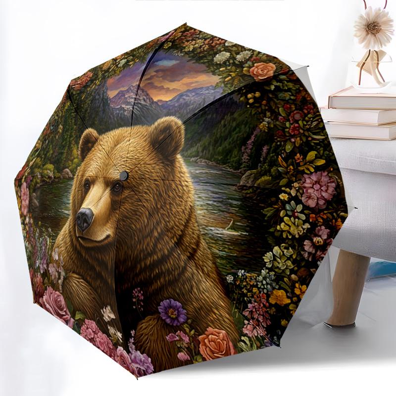 1 PC Automatic Folding Umbrella - Nature's Majesty: A Bear Amidst Flowers Pattern, Portable & Foldable Design with 8 Ribs, Merry Christmas Pattern,Casual Outdoor Accessory Halloween and Christmas Birthday Gifts. G0022