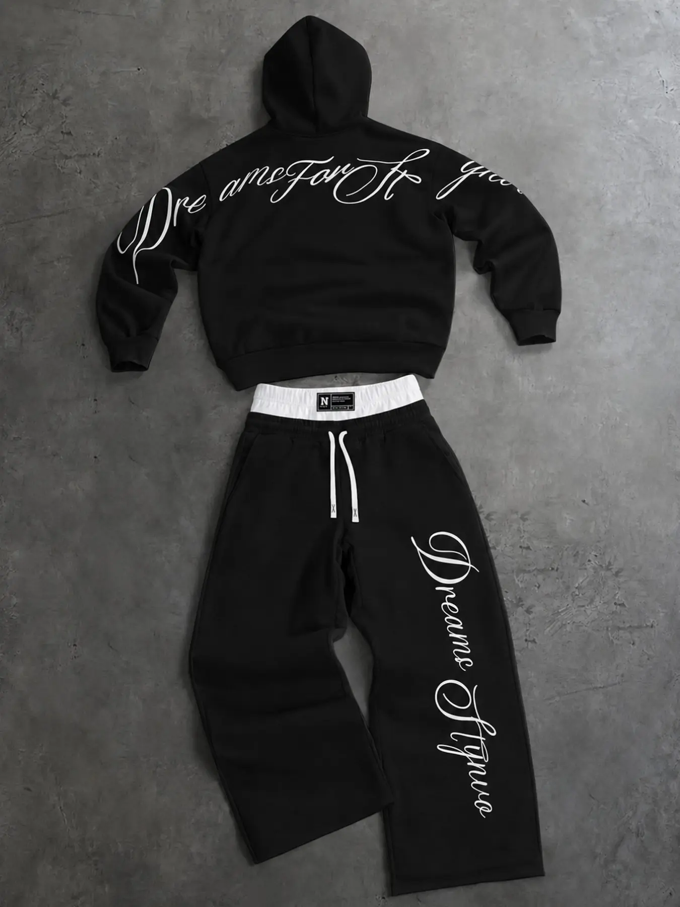 Cozy Fleece Cursive Calligraphy Graphic Hoodie and Wide Leg Sweatpants Set Casual Y2K Streetwear Matching Tracksuit Outfits for Fall