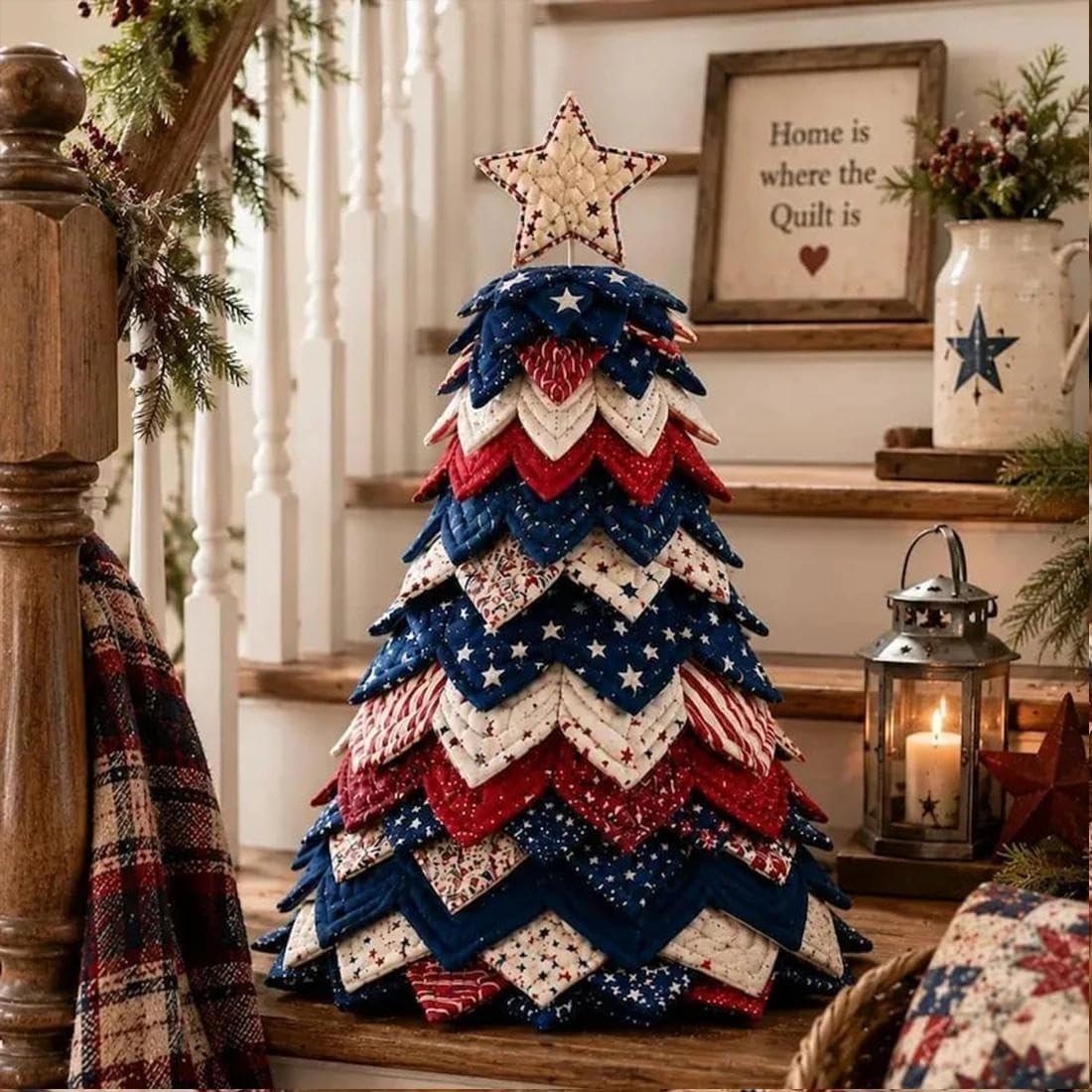 Americana Christmas Tree Quilt Kit,Christmas Patchwork Fabric DIY Kit (1PC) | Red,White,and Blue Stars & Stripes Patchwork Craft Kit for Adult Beginner,Gifts for Quilting Lover