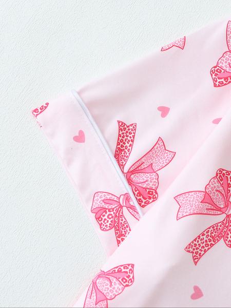 Women's Leopard Print Fitted Pajama Set with Bow Tie, Short Sleeve Shirt and Long Pants for All Seasons, Comfortable Casual Sleepwear