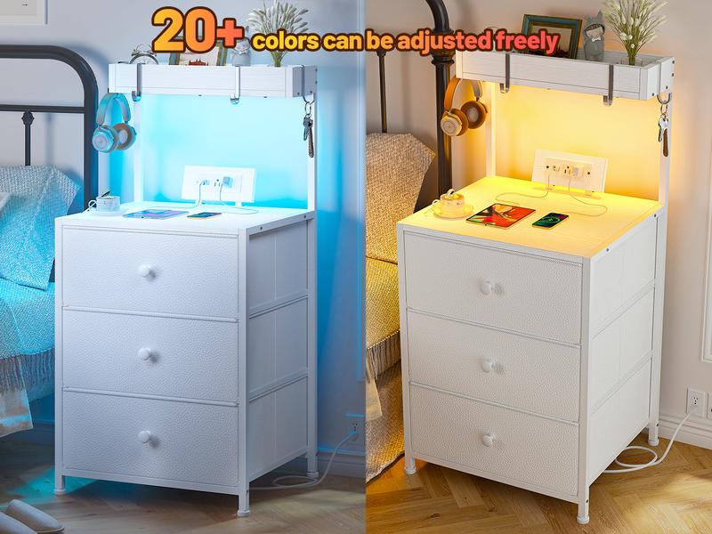 LED Nightstand Set of 2 with 3 Fabric Drawers & Shelf & Hooks, Tall Nightstand with LED & Power Outlet , End Table with Charging Station, Bed Side Table for Bedroom Furniture, White, Black, Rustic Brown