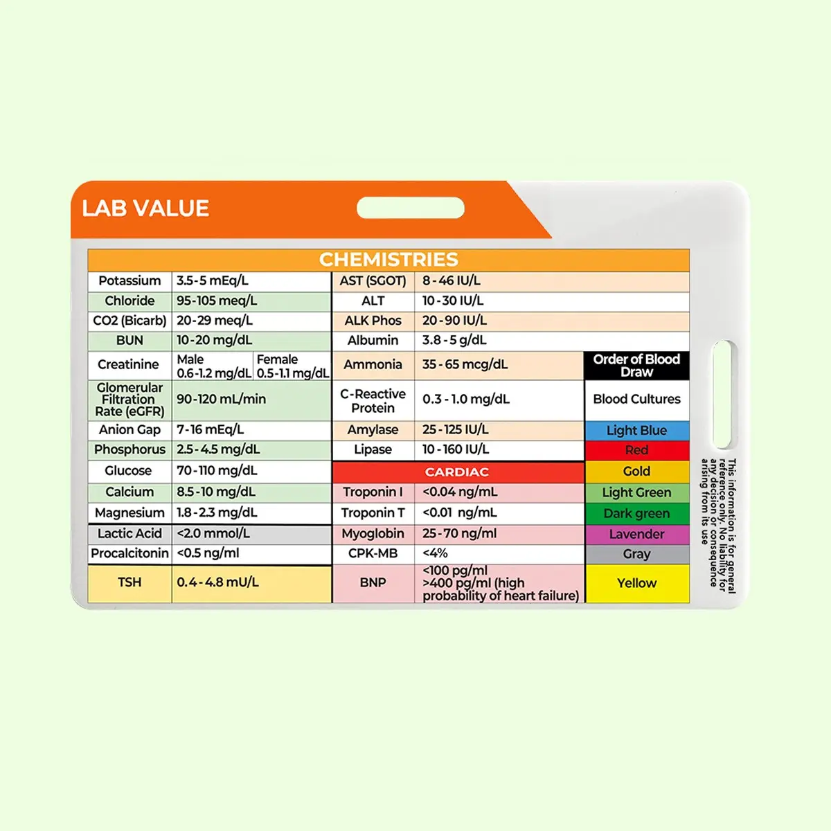 Laboratory Value Reference Card, Blood Gas Coagulation Hematology Creatinine Lymphocytes Eosinophils TSH RBC Count ESR Potassium 1-Count Quick Clinical Guide Card, Identification Badge Accessory for Horizontal and Vertical Badge Reels and Cards