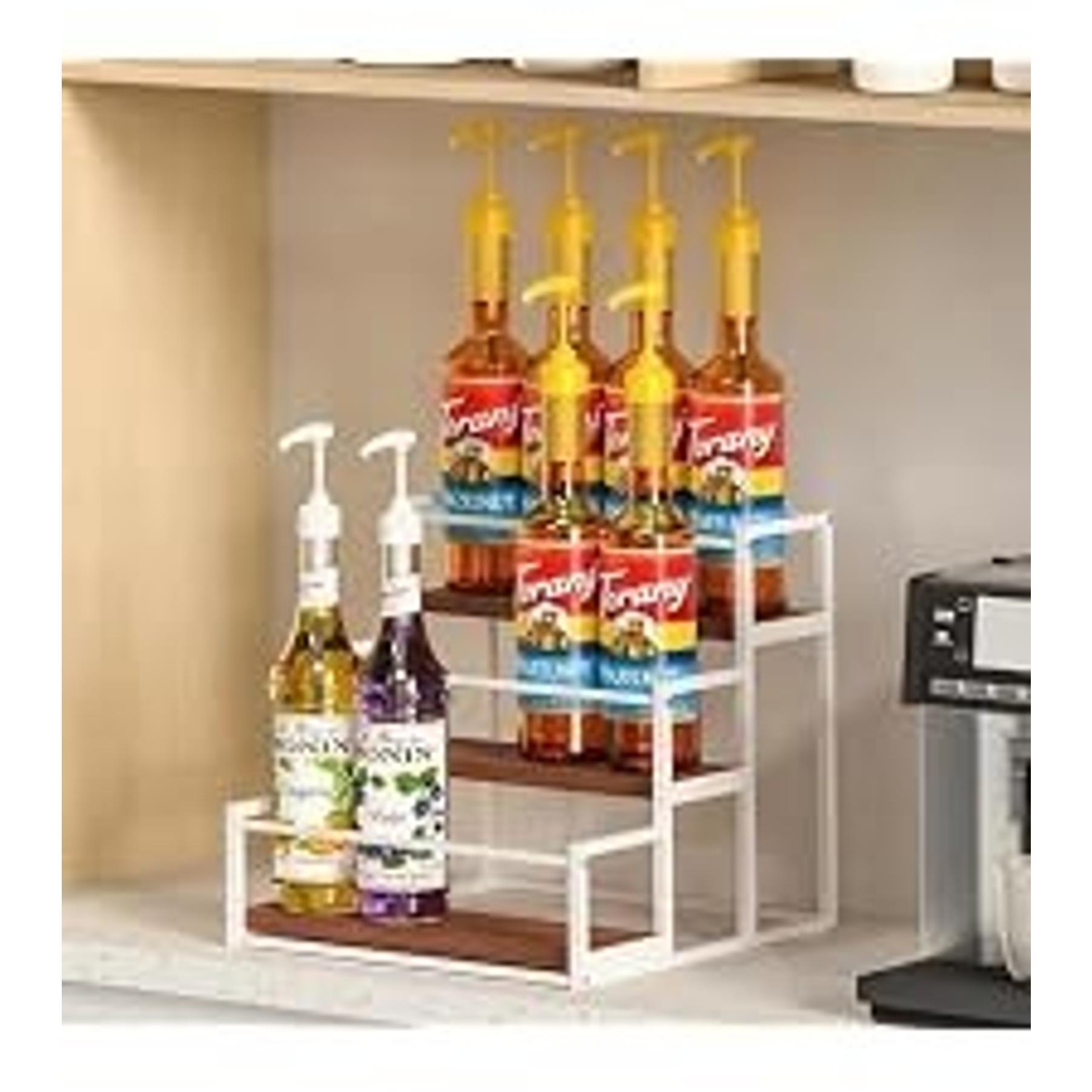 Rotating Coffee Syrup Organizer for Countertop, 9-Bottle Wooden Syrup Rack & Bottle Holder for Coffee Bar Station, Turntable Display Stand, Black