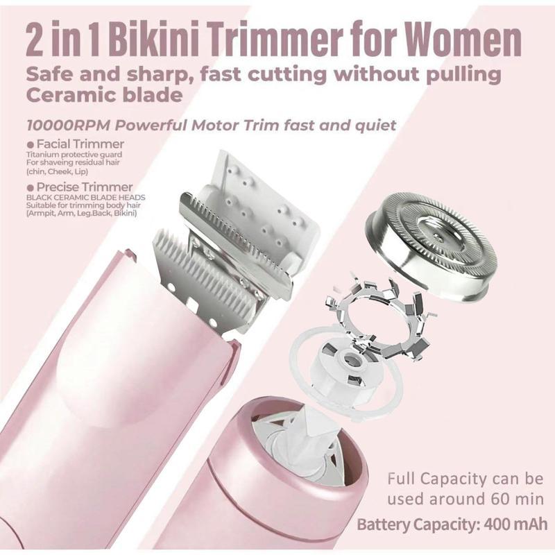 Bikini Trimmer for Women, Electric Shaver and Razor Rechargeable 2-in-1 Body and Facial Epilator, Dual Heads for Painless Trimming of Pubic Hair, Face, Underarms and Legs, IPX7 Waterproof. Christmas Gift New Year