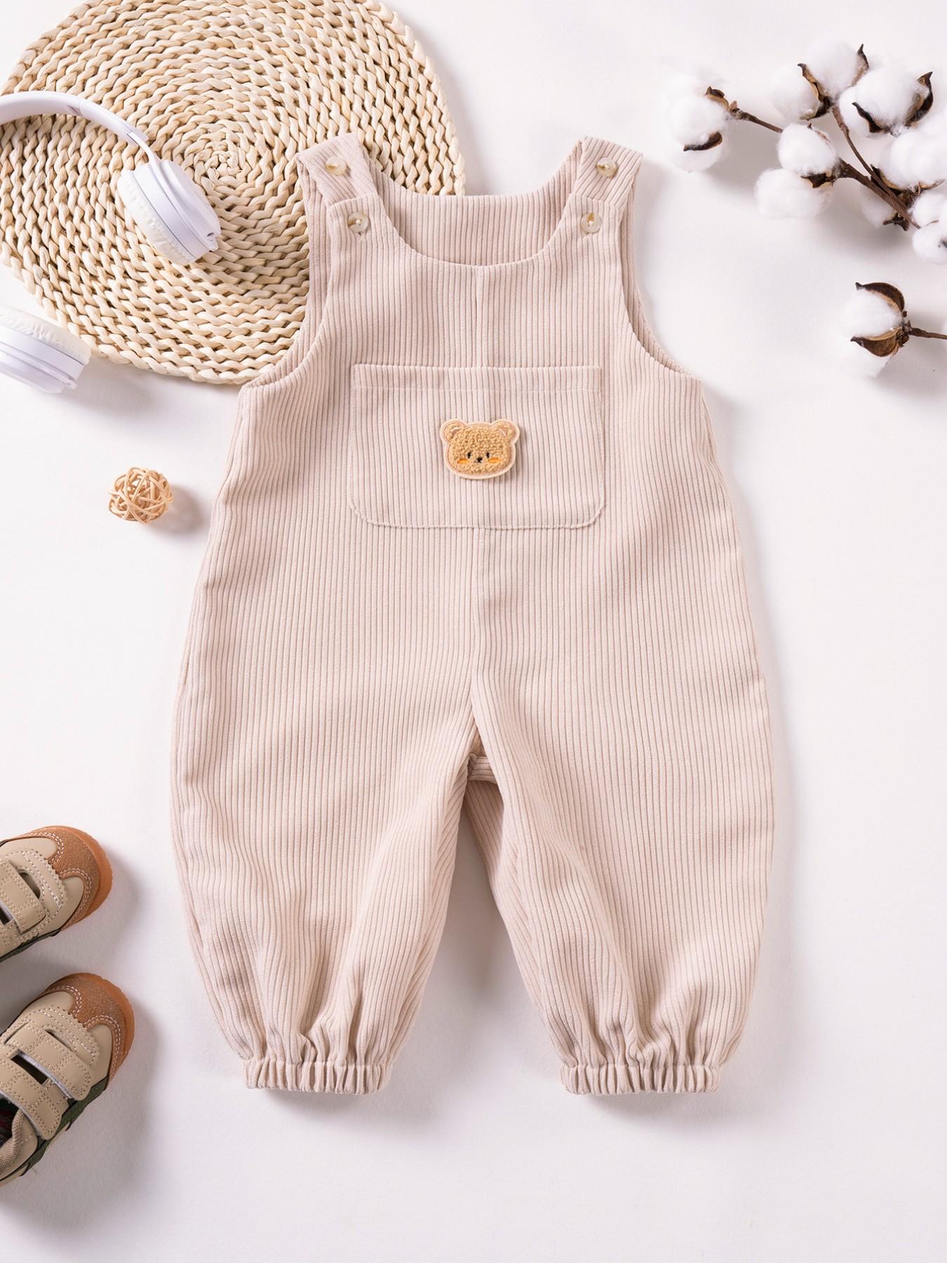 Baby's Plain Overalls with Bear Patch Decor, Casual Soft Comfy Sleeveless Jumpsuit for Summer, Newborn Infant Baby Clothes Girl Kids Clothes for Daily Wear