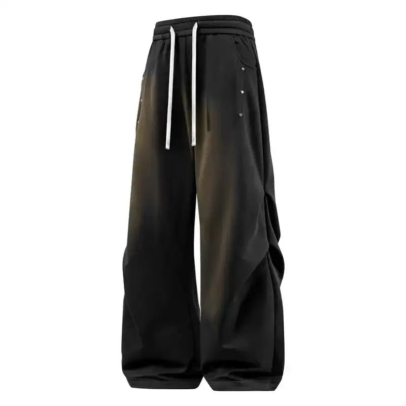 Menswear High-Street Washed Gradient Tie-Dye Casual Sweatpants, Studded Side Detailing, Ruched Gathered Design, Elastic Drawstring Waist, Loose Drapey Wide-Leg Long Pants, Hip-Hop Retro Distressed Style for Everyday Wear, Commuting