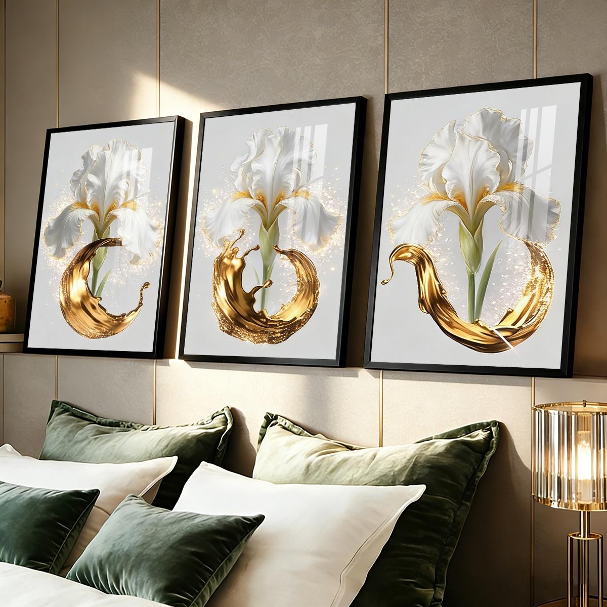 3 Counts Aluminum Alloy Framed Painting, Elegant White Iris And Golden Splash Art Pictures, Home Decoration For Living Room, Bedroom, Office, Restaurant, Hallway Wall Decor, Odorless Print Artwork, Luxury Perfect Gift For Friends And Family