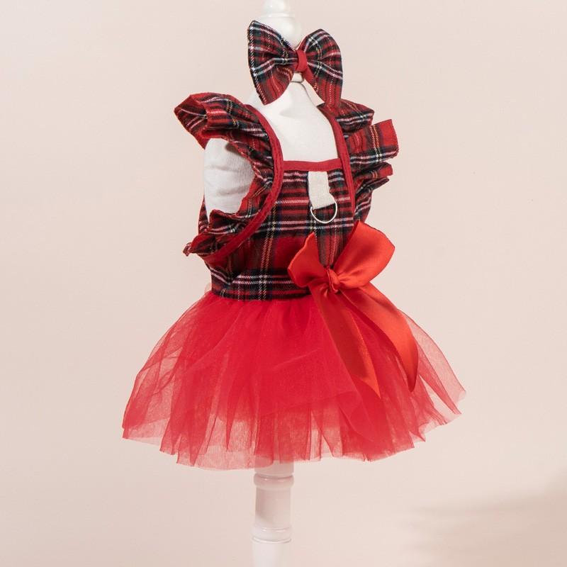 Cute Fashion Print Pet Dress with Bow, Plaid Pet Costume, Elastic Mesh Princess Dress, Puppy Cat, Complete Set