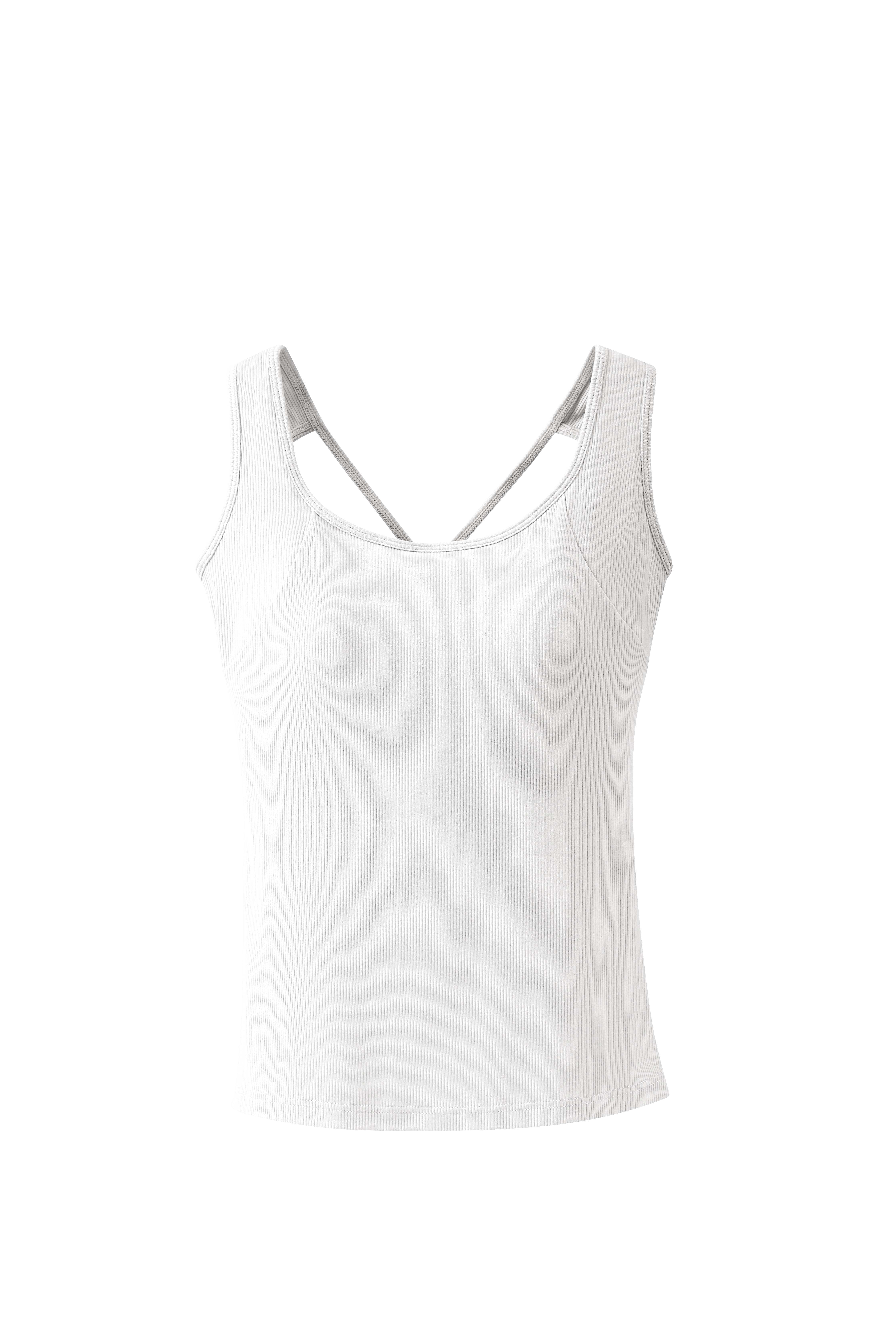 EssElegance Women's Minimalist Sleeveless Ribbed Viscose-Elastane Basic Workout Tank Top - Fabric-Built-in Padded Bra, Strappy Sporty Chic Criss Cross Back, Scoop Neck, Slim Fit, Breathable Wear for Gym, Yoga, All Seasons, Cold Hand Wash, Denim Style, Wor