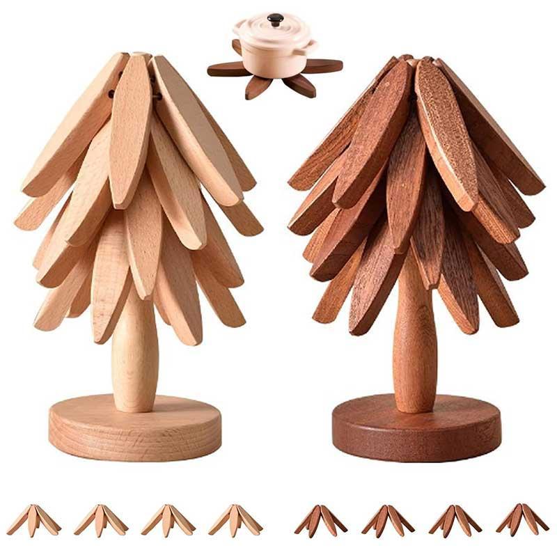 2026 Natural Tree Trivet Set - Christmas Tree Design! This heat - resistant set includes 4 walnut - wood trivets and 1 stand, stored like a Christmas tree. A foldable kitchen decor art, perfect for pots, bowls, coffee mugs, teapots and hot pots.