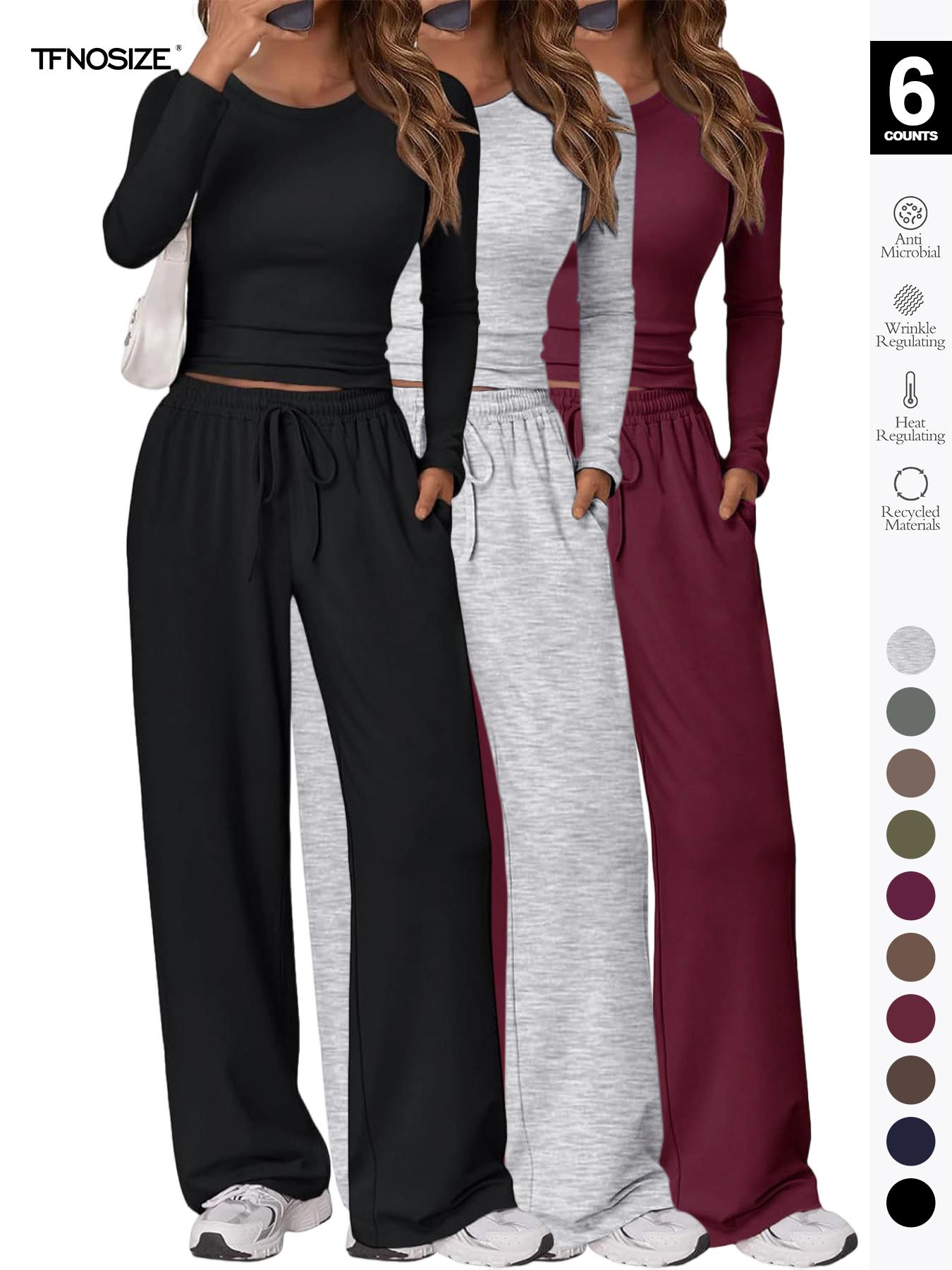 Women's 2 Piece Matching Loungewear Set, Long Sleeve Slightly Crop Fitted Top & Wide Leg Drawstring Pants, Casual Sweatsuit for Fall & Winter