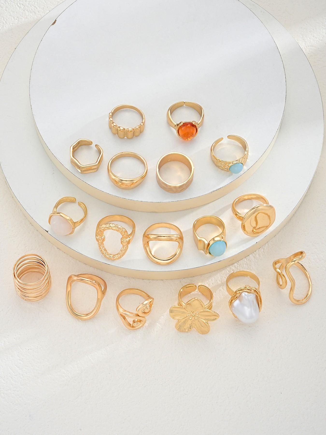 17-Piece Ring Set, Metal Colorful Gemstone Floral Imitation Pearl, Boho Style, Wide Band, Stackable Rings, Party, Date, Birthday Gift