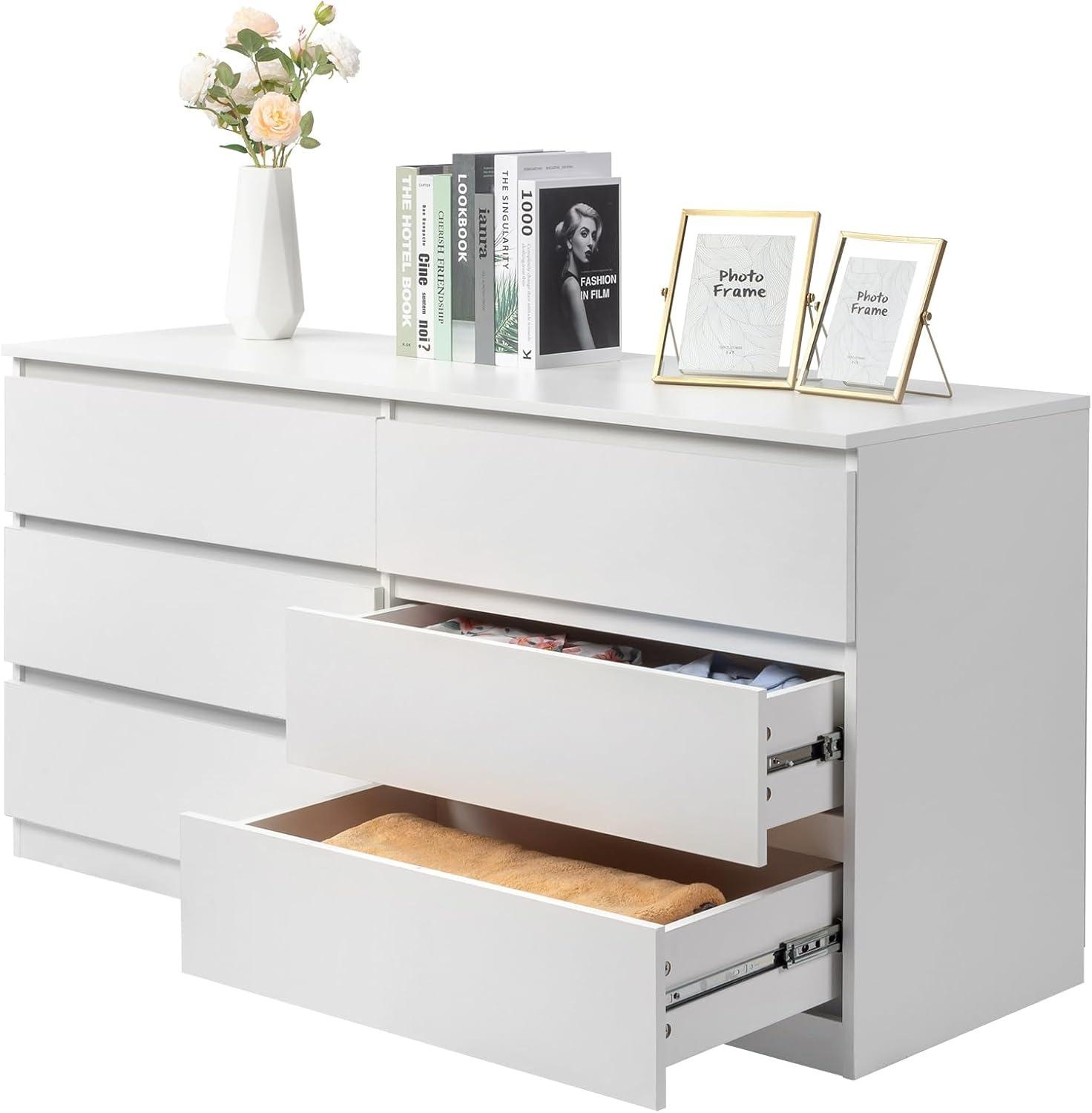 Karlhome Dresser for Bedroom,55'' Modern Large 6 Drawer Dresser with Deep Drawer,Wide Storage Chest of Drawers,Wood Bedroom Storage Organizer Furniture for Closet