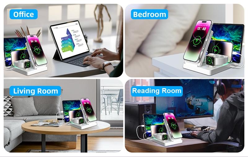 Smart Multi-Device Fast Wireless Charging Station, Foldable Charger Stand, Smart Charging Dock, Compatible with iPhone Samsung Series Apple Watch, Lightweight USB Design