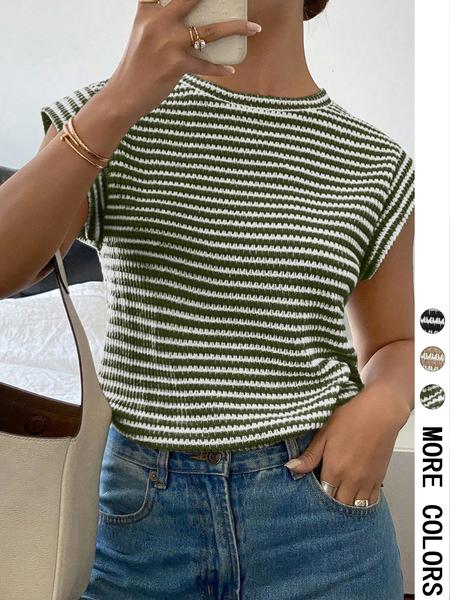 Women's Striped Print Crew Neck Tee, Casual Slim-fitting Cap  Sleeve T-shirt, Ladies Summer Clothes for Daily Wear, Top