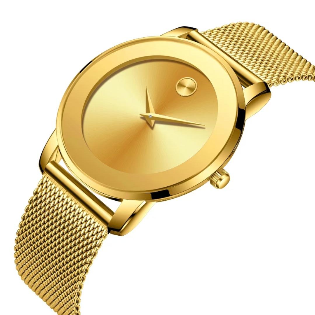 Men's Minimalist Gold Mesh Band Quartz Watch - Sleek No-Number Dial, Water Resistant, Luxury Casual Wristwatch, Perfect Gift for Him
