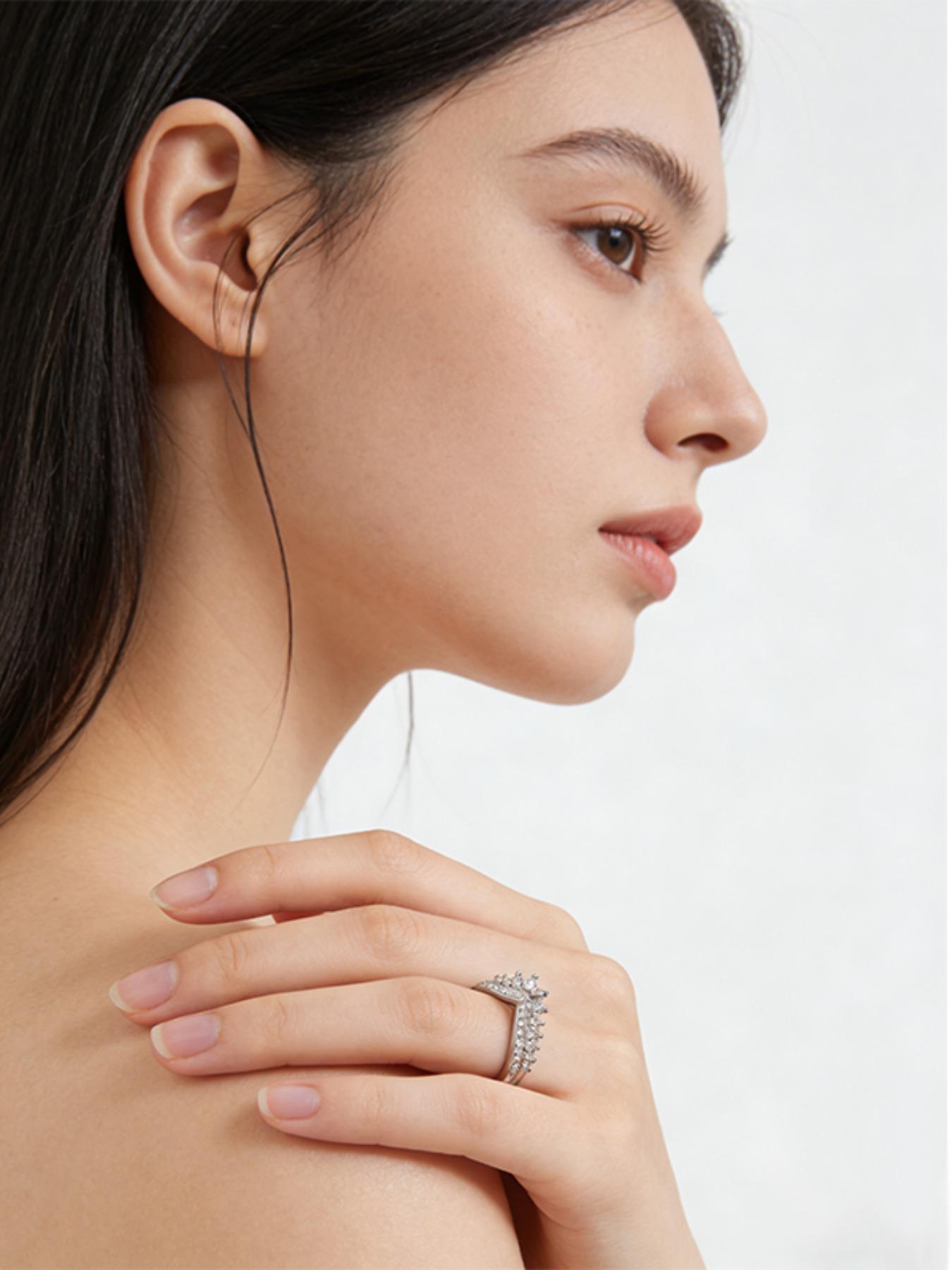 Artificial Zircon Ring, Luxurious V-Shape Wishbone Princess Crown Couple Engagement Ring, Perfect Wedding Gift for Her