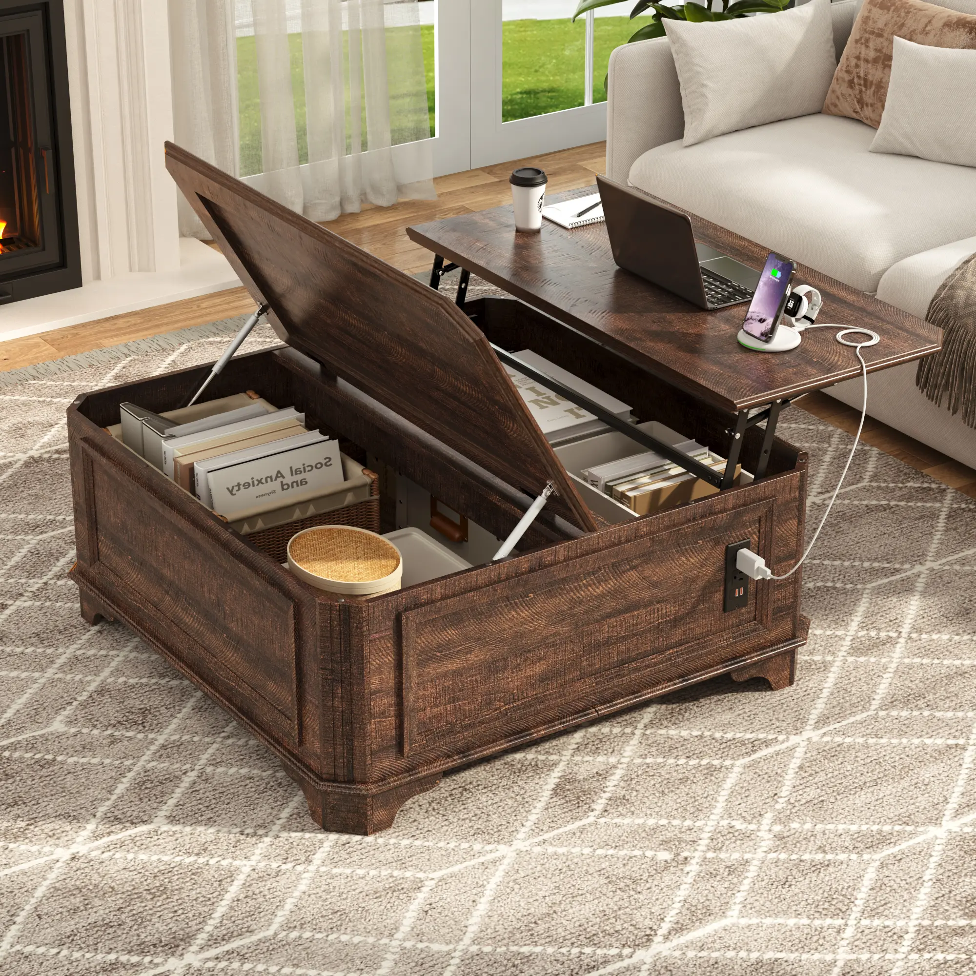 40 Inch Coffee Tables for Living Room Farmhouse Lift Top with Charging Station and Hidden Storage - Square Center Table with Adjustable Lifting Top and Large Storage for Bedroom, Home Office, Black/Brown/White