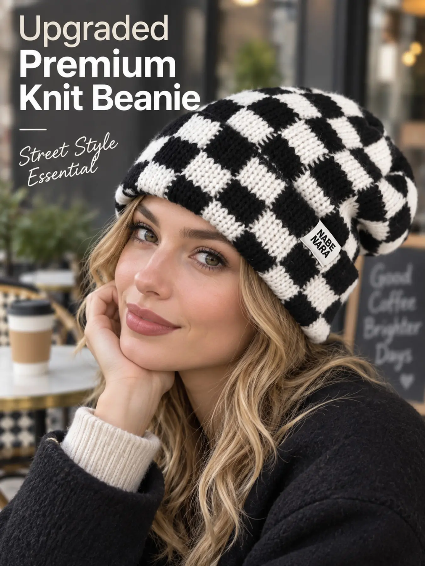 Patched Checkerboard Knit Beanie for Women and Men, Soft and Stretchy Warm Winter Hat, Premium Streetwear Hat, Y2K Retro Streetwear Fashion Accessory, Winter Essential, Christmas Halloween Birthday Gift for Mom Wife Girlfriend