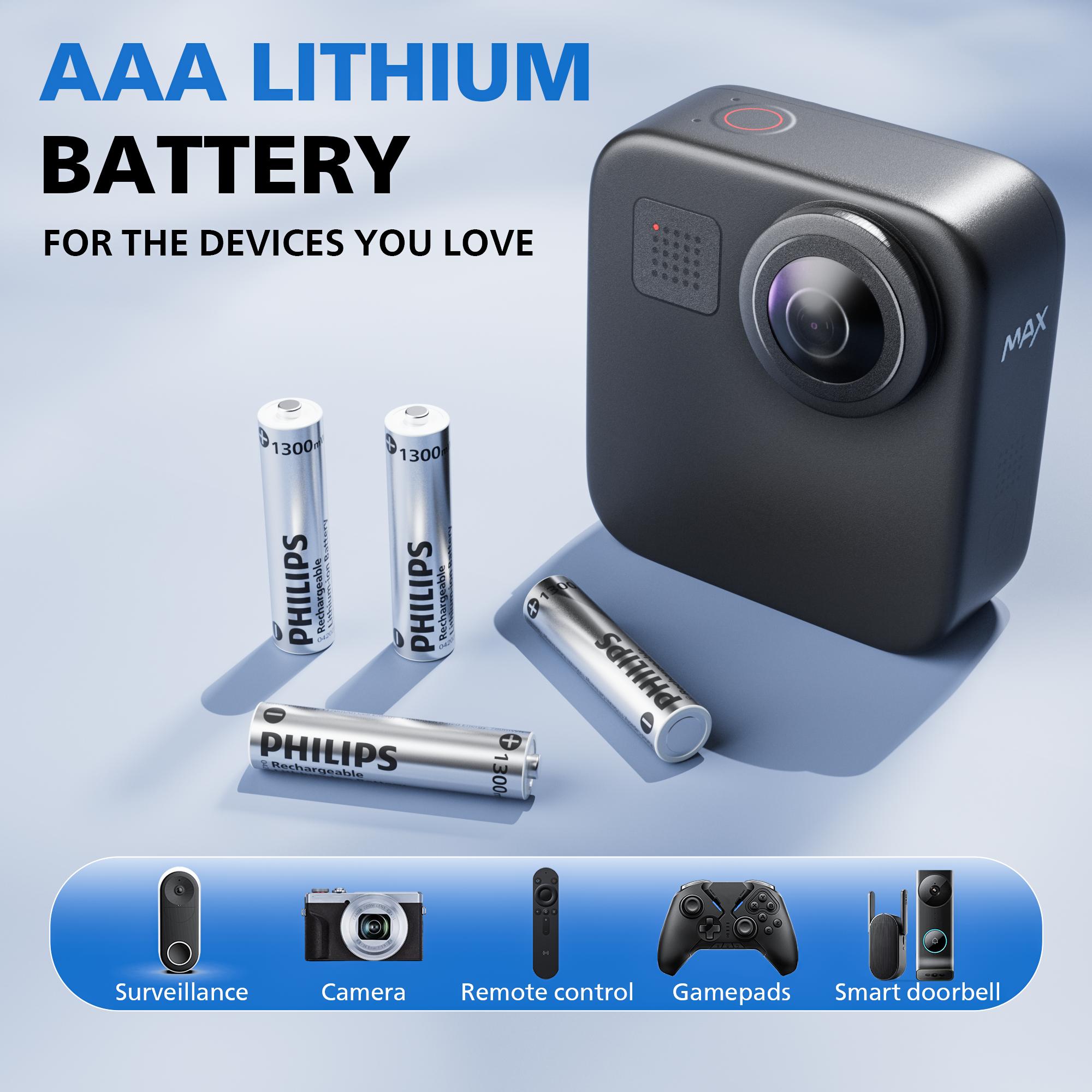 PHILIPS Rechargeable Lithium AAA Batteries with Fast Charger 8 Pack 1.5V 1300mWh High Capacity Triple A Battery Constant Output Li-ion Cycle Times up to 1200X