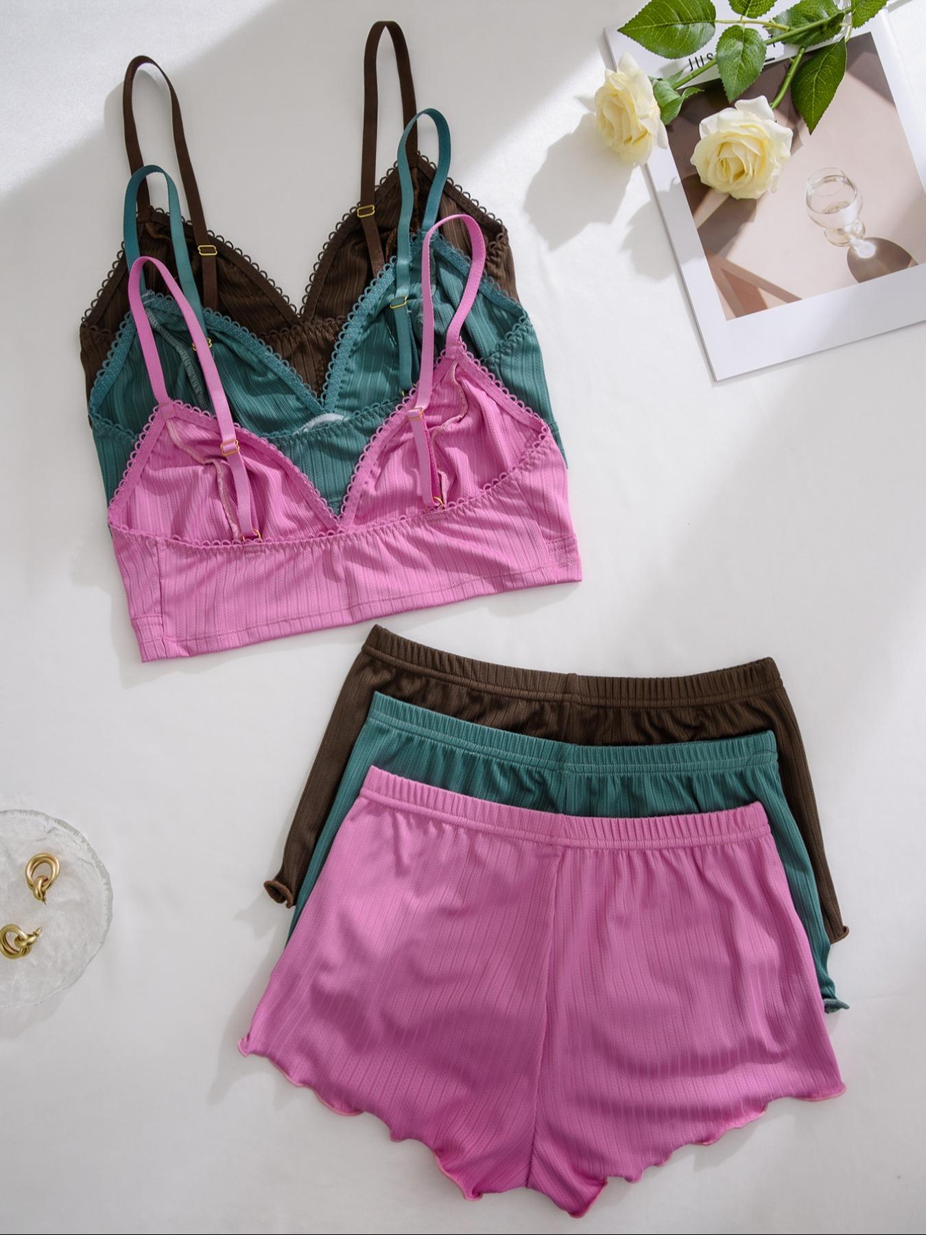 Women's Wireless Bra & Lettuce Trim Shorts Underwear Set, Summer Outfits 2024, Adjustable Strap Bra & Elastic Waist Shorts, Soft Comfy Breathable Underwear Set for Women