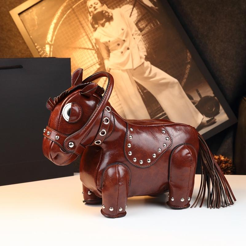 Unique Design Small Horse Bag for Women, Personalized Studs Fringe Animal Purse, Vintage Punk Style Handbag Shoulder Bag