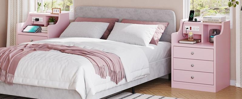 Sikaic Nightstand with Charging Station Storage Drawers Pink Bedroom Table Modern Dressing Table