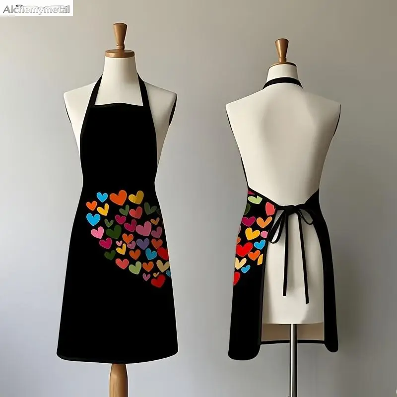 1pc Heart Pattern Apron, Home Apron, Suitable for BBQ, Painting, Artist, Cooking, Baking, Printed with Colorful Small Heart Patchwork Romantic Overflowing Pattern, Can Be Used for Bakery, Party, Coffee Bar, Home, Gardening, Kitchen, Restaurant