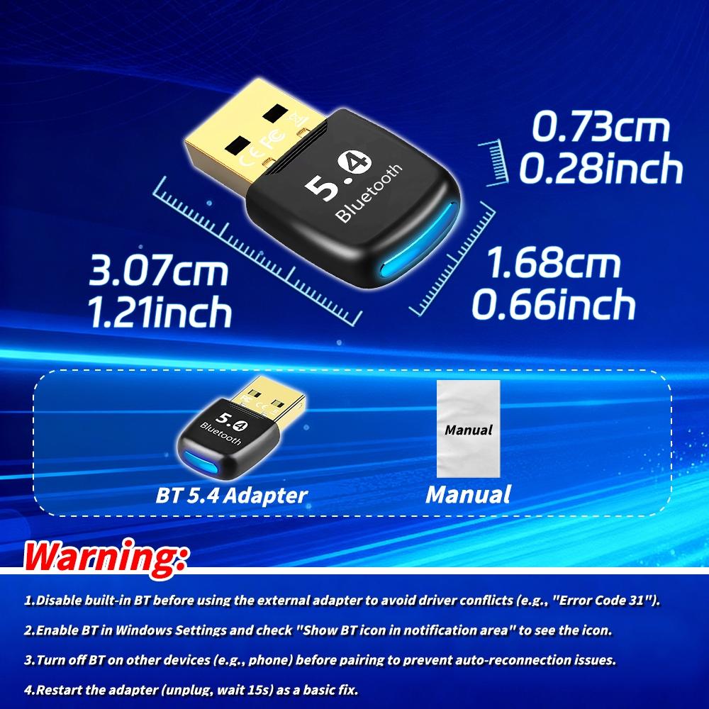 Bluetooth Adapter for Desktop PC, Bluetooth-compatible 5.4 Encryption Dog Receiver, Plug-And-Play, Supports Keyboard/mouse/earbuds/speakers, Windows 11/10/8.1/7