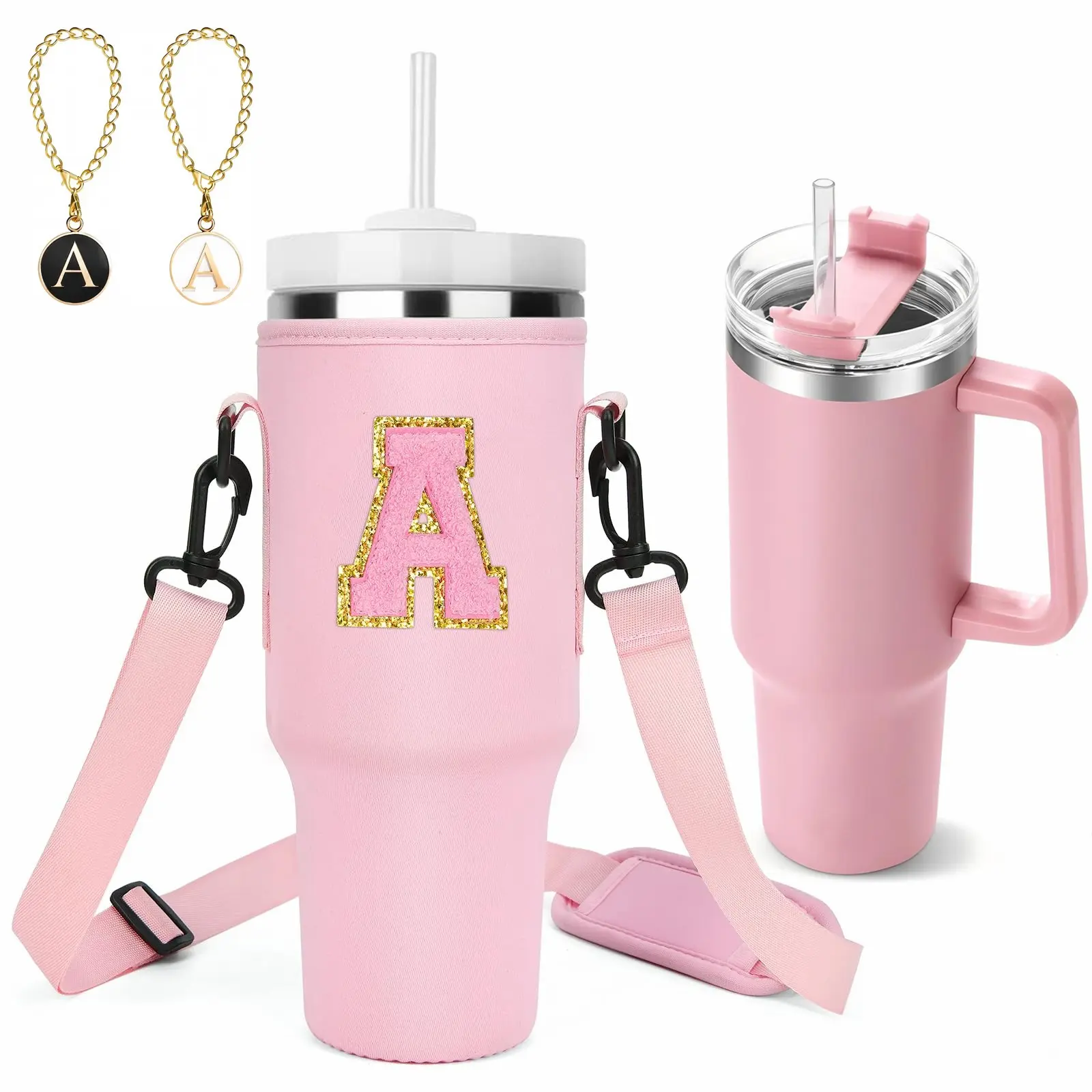Sports Cup Set, A-Z Cup Holder Bag for 40oz Thermos Cup with 2 Letter Chain, 1 Self-Adhesive Chenille Letter, Reusable Stainless Steel Insulated Water Bottle to Keep the Drink Cold for 34 Hours, For Grandma and Mom's Female, Tumbler
