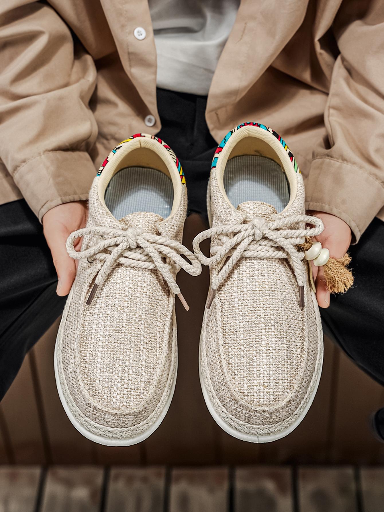 Summer New Men's Linen Shoes, Breathable Non-Stuffy, Colorblock Geometric Pattern, Fringe Decor, Retro Ethnic Style, Comfortable Thick Sole