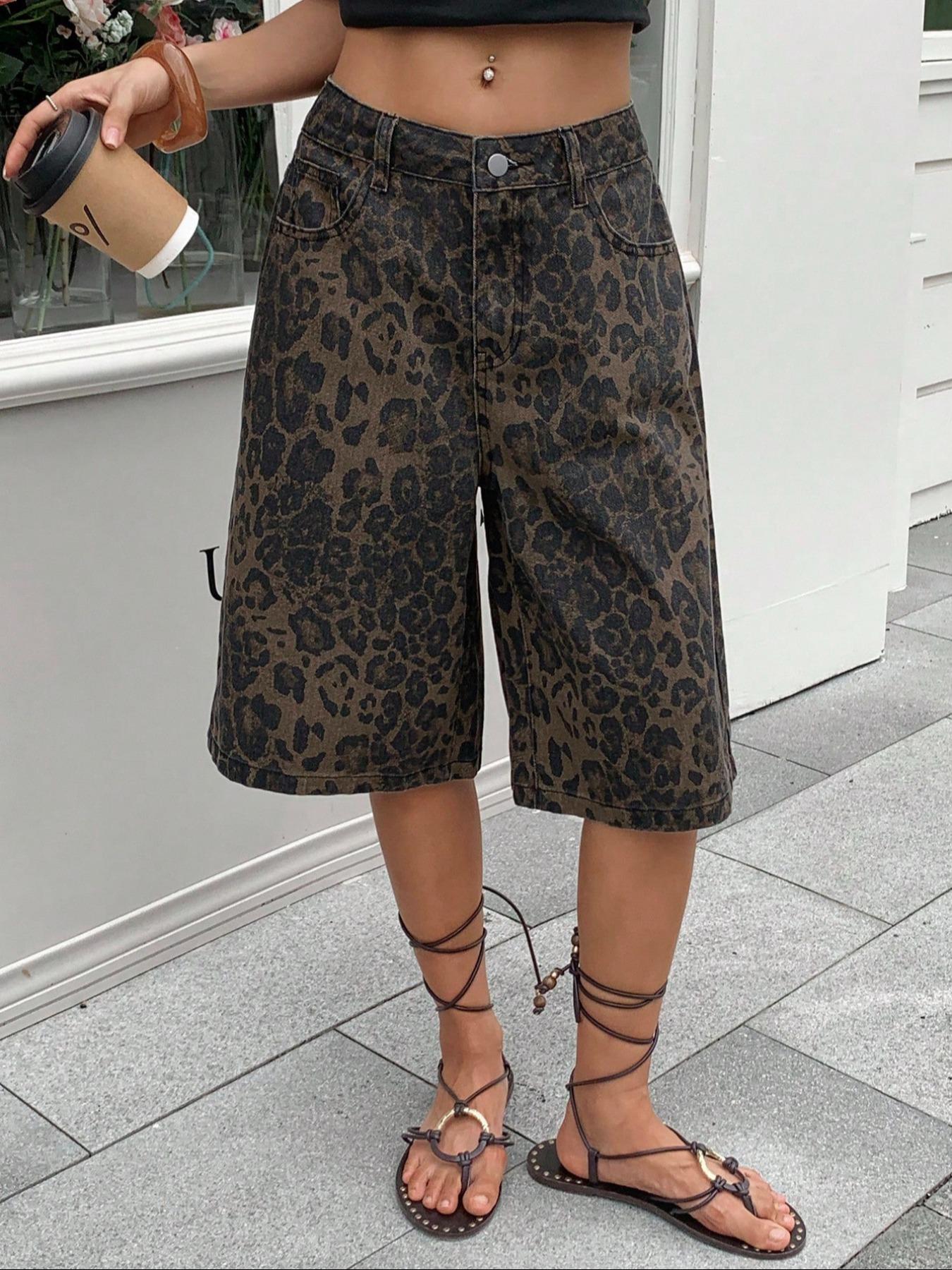 Trendy New Leopard Print Denim Jeans, Fashionable Street Style, Spring Summer Youthful Look, Women's Mid-Calf Jeans, Button Fly Closure