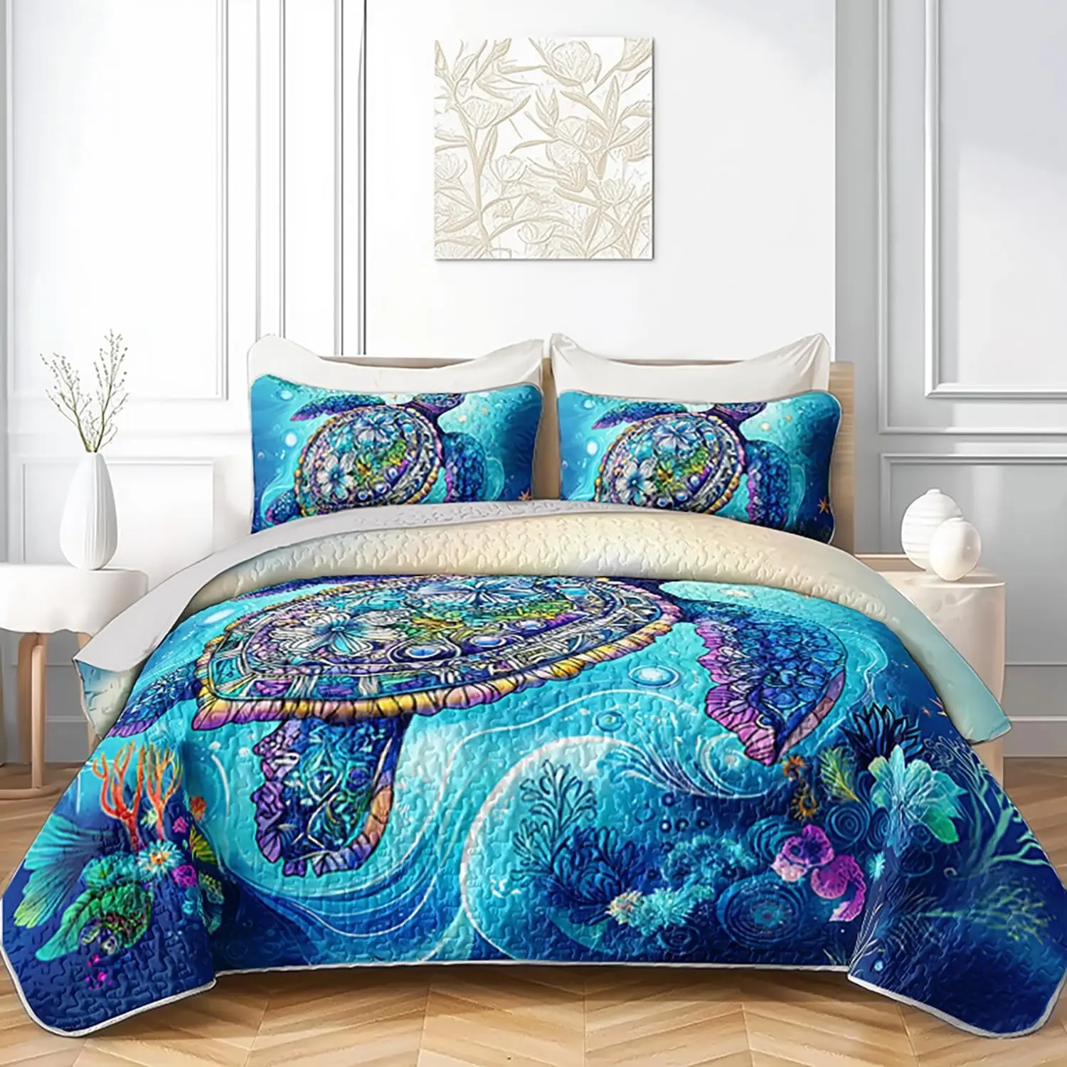 Quilts Bedding King 3Pcs Watercolor Flower Tortoise Bed Set Ocean Animal Coral Seaweed Starfish Pattern Bedspread Coverlet with 2 Pillowcases for Kid Boy Girl Teen Adult Room Decor