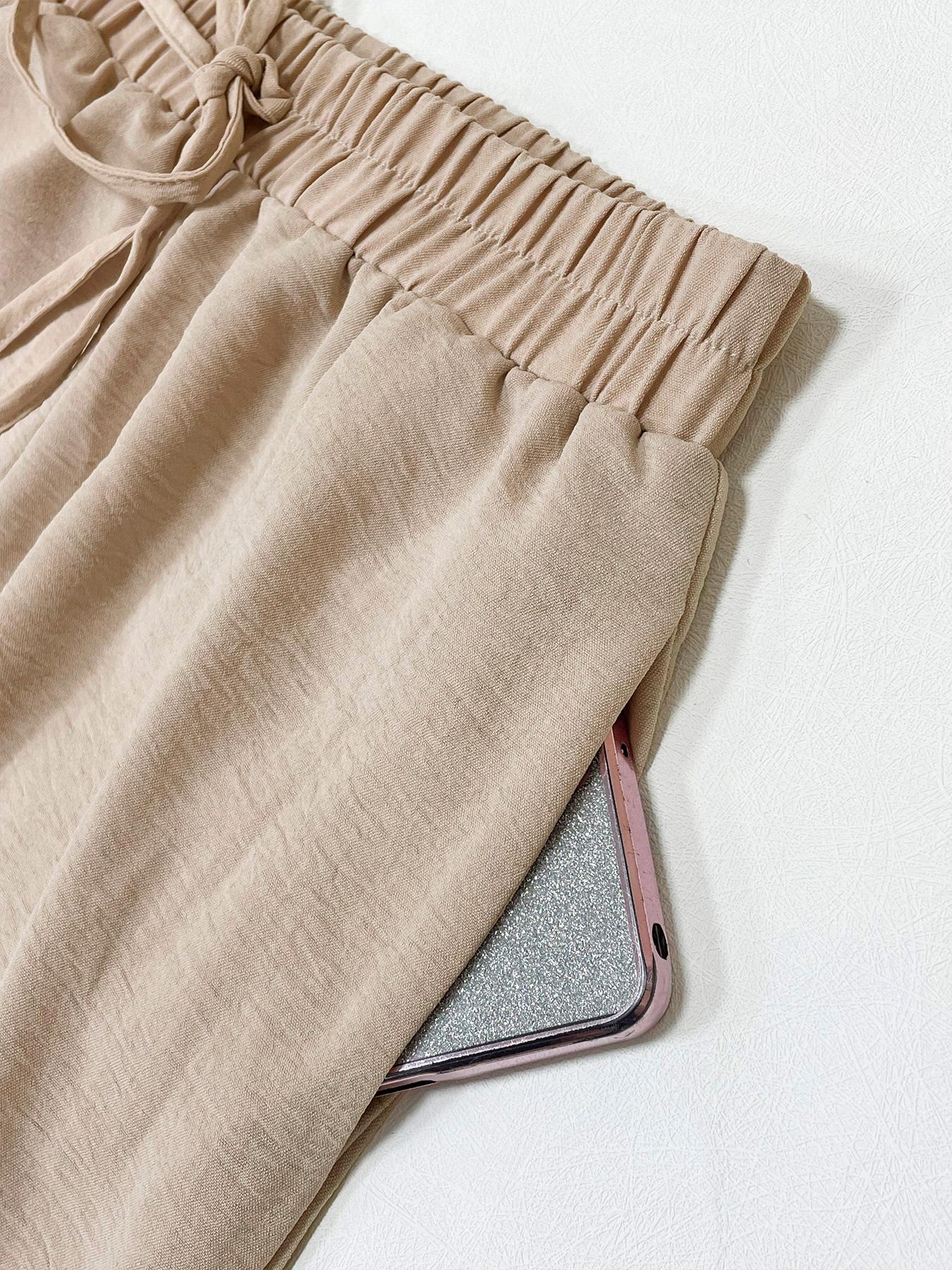 Women's Plain Pocket Tie Front Adjustable Elastic Waist Straight Leg Pants, Casual High Waist Wide Leg Trousers for Daily Wear, Ladies Bottoms for All Seasons, Baggy Pants