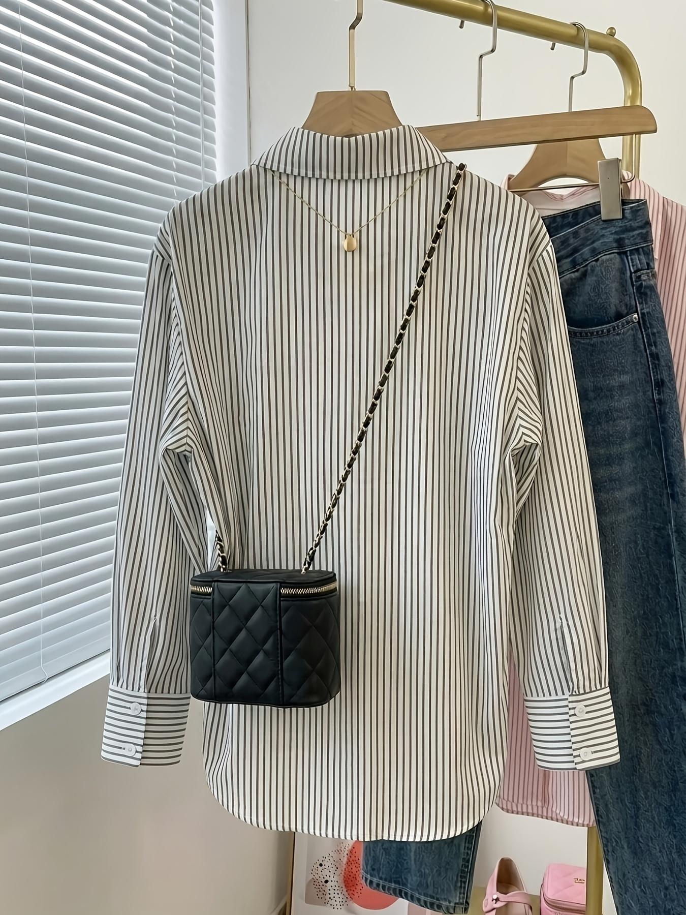 Women's Fashion Striped Shirt Blouse with Long Sleeves and Pockets, Womenswear, Elegant Simple Design, Commuter Office Wear, Casual Stylish Top, Ladies' Clothing, Casual Collared, Casual Blouse Shirts, Casual Button Up, Blouse Tops