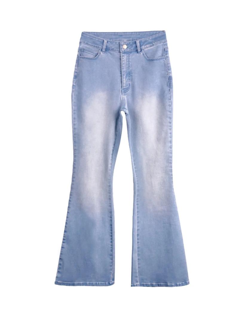 Women's Elastic Casual Denim Bell Bottoms, Slim-Fitting Natural Waist Pants, Plain Pattern, All Seasons, Pockets Design